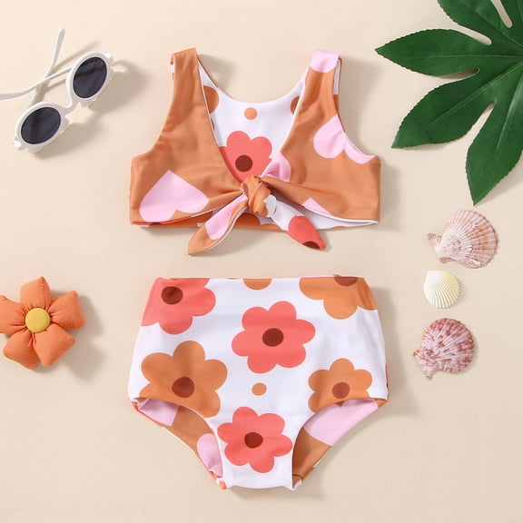 Vedolay Girl's Swimsuits Swimsuit for Girls 2 Piece Floral Print Swimsuit High Waist Bikini Set Bathing Suit Swimwear,White 12-18 Months