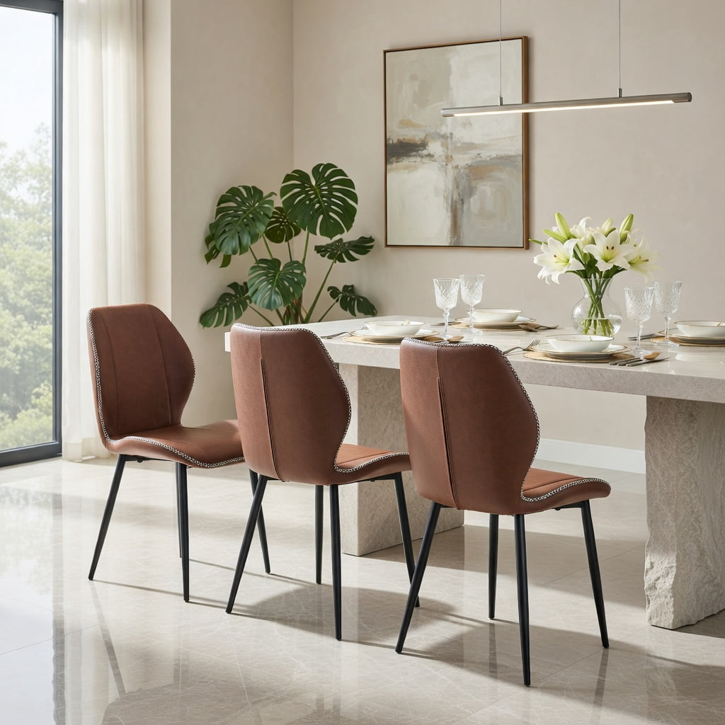 Hommoo 4-Pack PU Leather Dining Chairs with Metal Legs, Ergonomic, Adjustable Feet, Stain-Resistant for Dining Room, Office & Living Space, Reddish-Brown