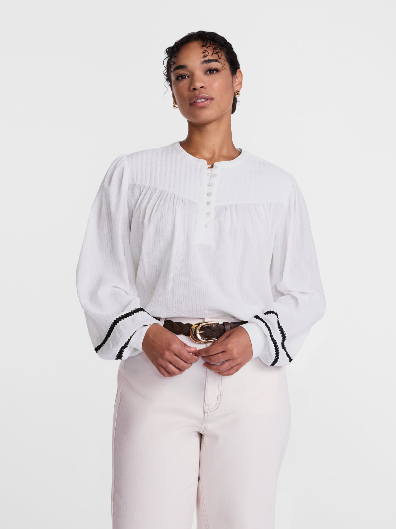 Scenario Women's and Women's Plus Quilted Detail Long Sleeve Top, Sizes XS-4X