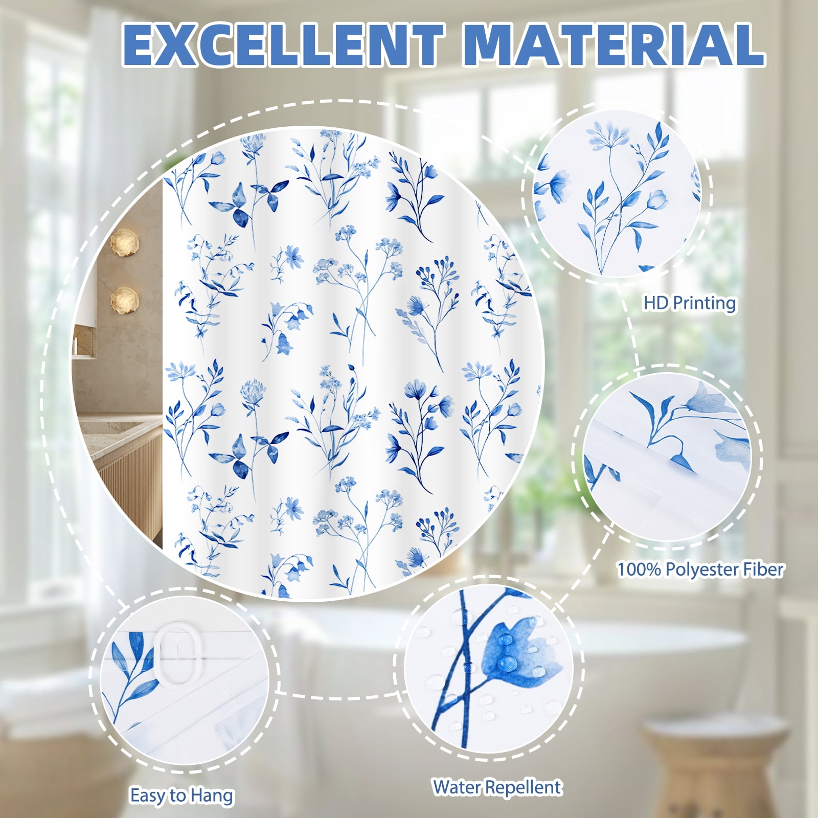 FRAMICS 16-Piece Watercolor Floral Shower Curtain Sets with Rugs, Blue Botanical Bathroom Sets, Waterproof Fabric Bathroom Curtain Decor with Hooks
