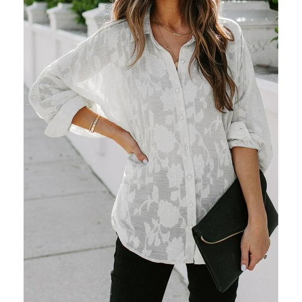 Camisa de mujer transparente de manga larga con cuello vuelto y botones blusa informal de Color puro para mujer para el trabajo diario blanco XL Bodega Aurrera en linea