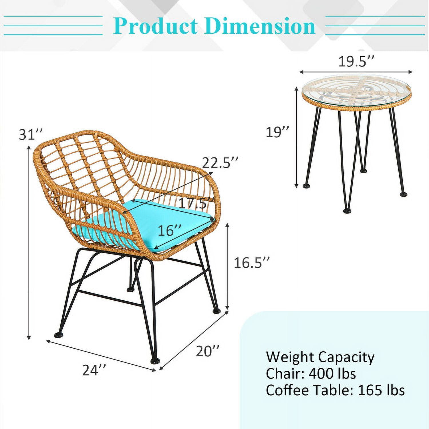 Aimee Lii 3 Pieces Rattan Furniture Set with Cushioned Chair Table, Outdoor Patio Furniture, Turquoise Aimee Lii 3 Pieces Rattan Furniture Set with Cushioned Chair Table, Outdoor Patio Furniture, Turquoise