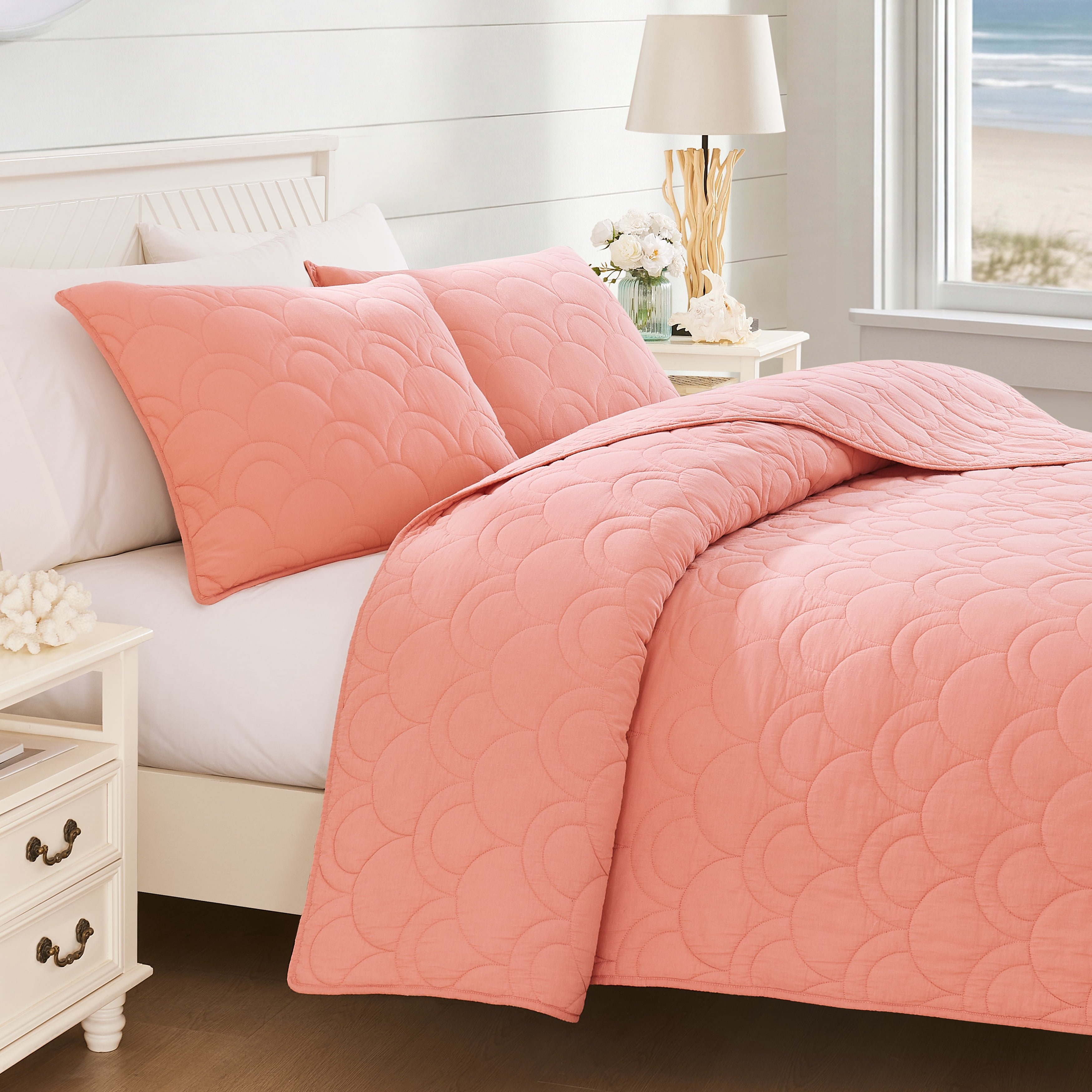 Coastal Living Harbor Scallop Stitch 3-Piece Quilt Set, King, Coral, 100% Cotton Bedding