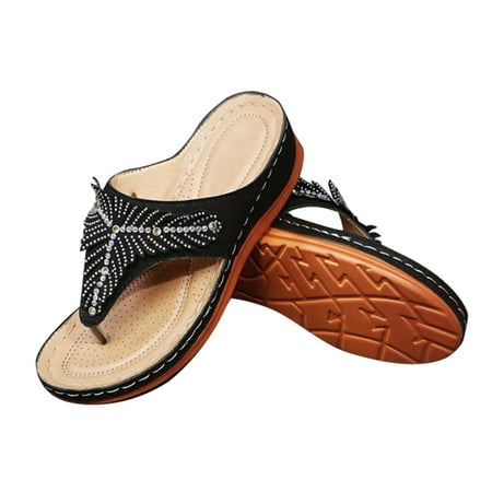 

PU Leather Soft Footbed Orthopedic Arch-Support Sandals for Women Rhinestone Wedge Flip Flops Summer Beach Supply Black 44