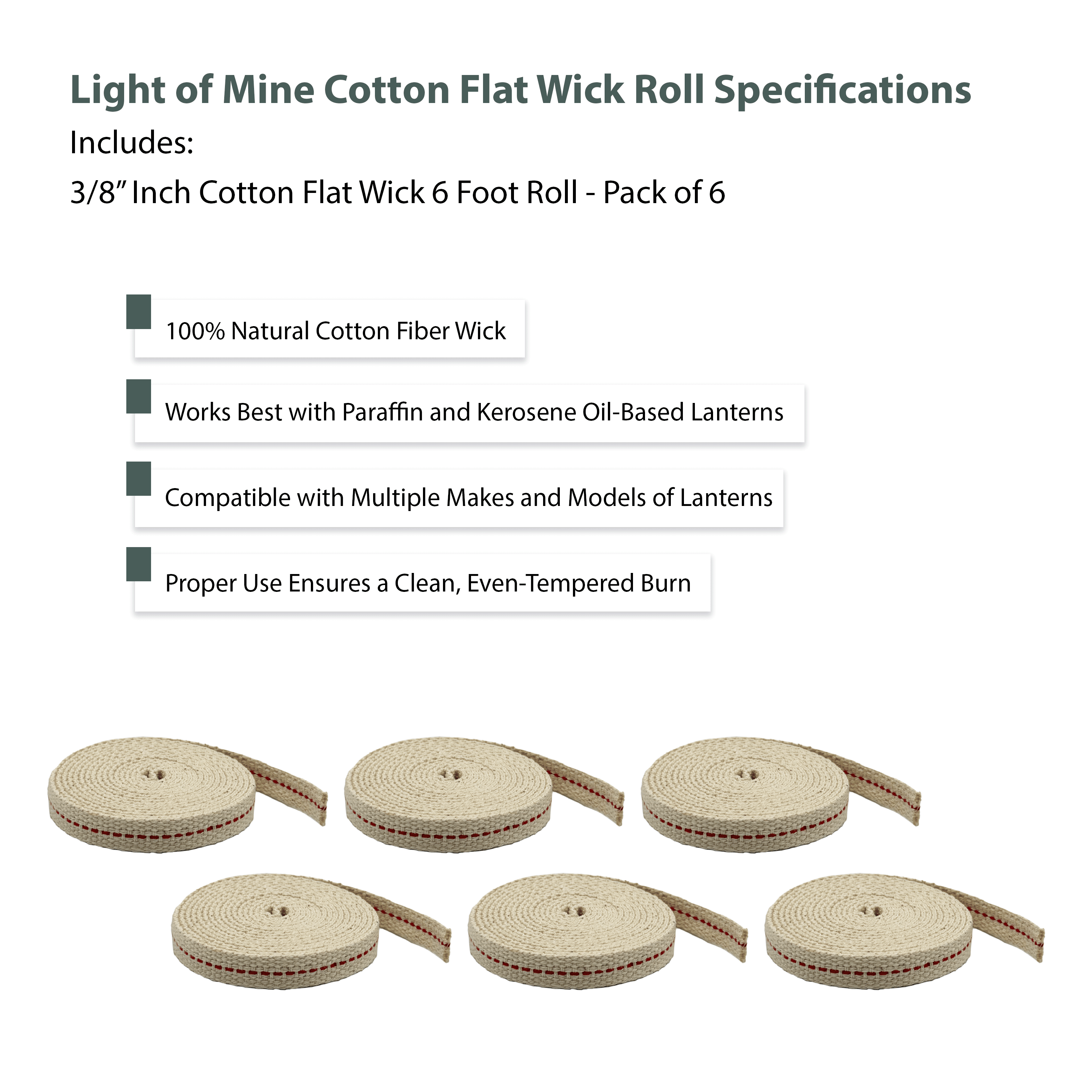 Light of Mine: 3/8" Inch 6' Foot, 100% Cotton Flat Wick - 6 Pack, for Paraffin Oil, Kerosene Based Lanterns, and Oil Lamps with Genuine Red Stitch