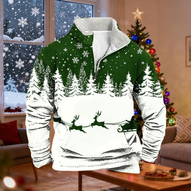 Ceisia Warm Fleece-Lined Mens Loose Fit Christmas Print Half-Zip Stand Collar Sweatshirt Gifts