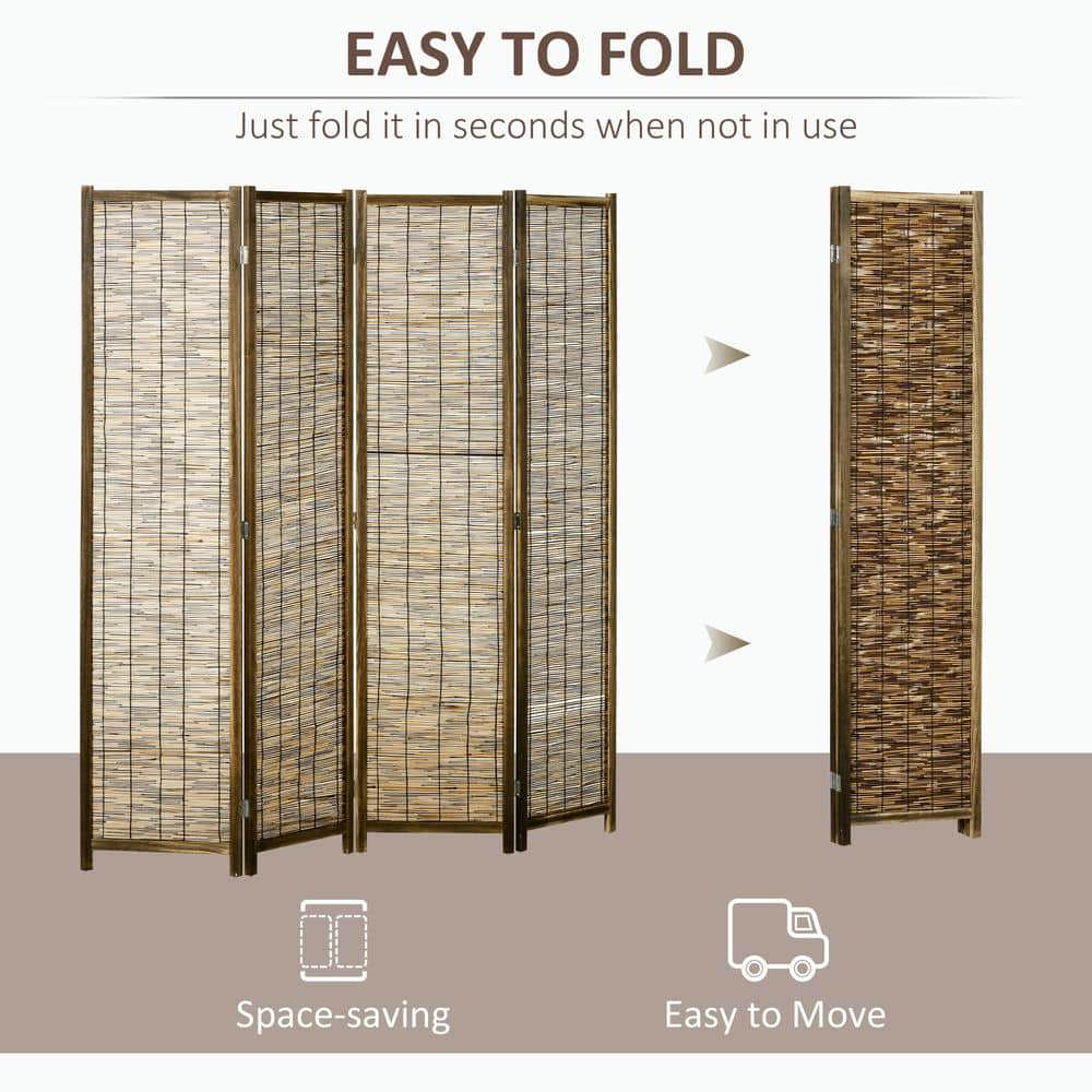 Yardi Yarda 63"x67"x0.75" Hand Woven Room Divider, 4 Panel Folding Privacy Screen, Reed Partition Wall for Indoor, Brown