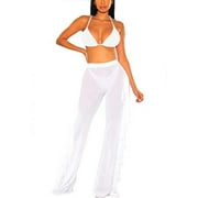 Ruffle Sheer Mesh Swimwear Bikini Cover Up Pants See Through Women's Ruffle Sheer Mesh Swimwear Cover Up Pants White XL