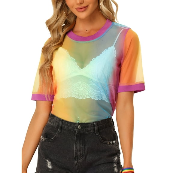 INSPIRE CHIC Women's Mesh T-Shirt Cover Up Party Short Sleeve See Through Sheer Tops L Pink Rainbow