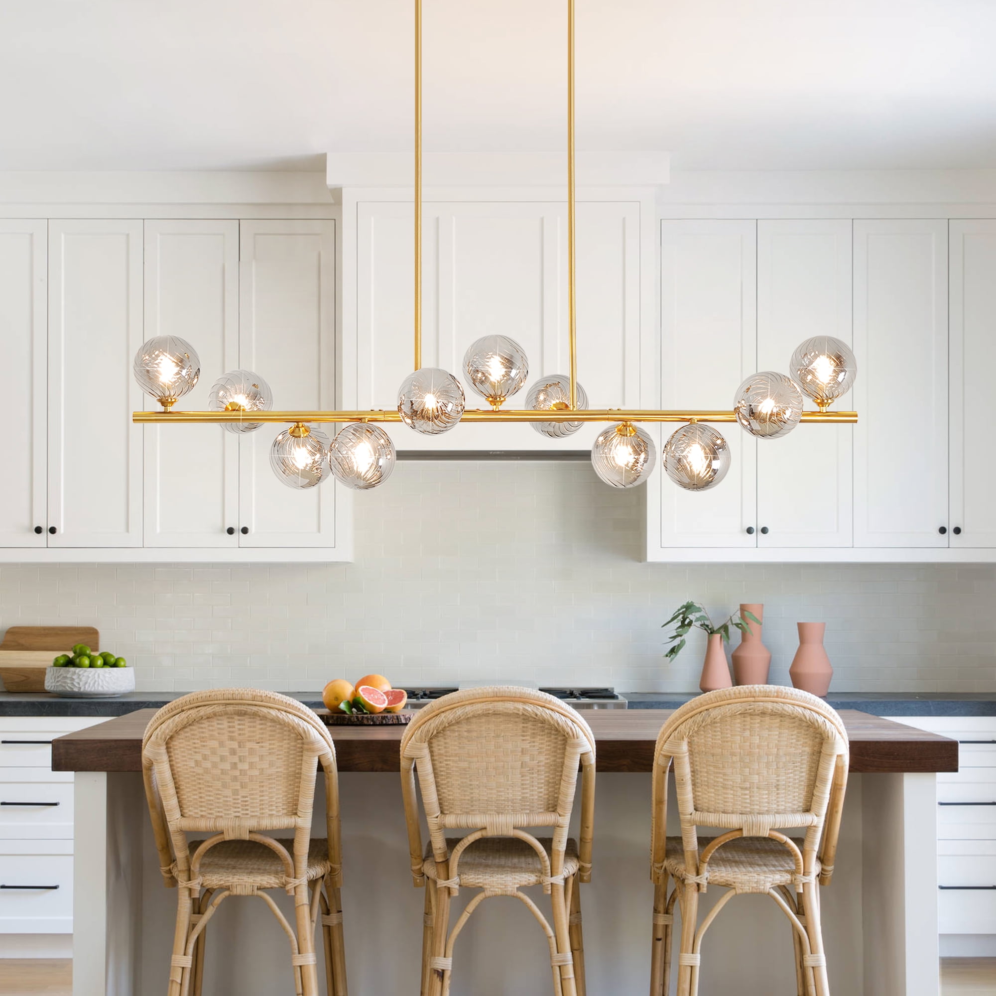 Auffel Dining Room Light Fixtures over Table With Gray Globe 51 Inch,Gold Linear Chandeliers for Dining Room 11 Lights Globe Chandelier for Kitchen Island Swirled Lampshade