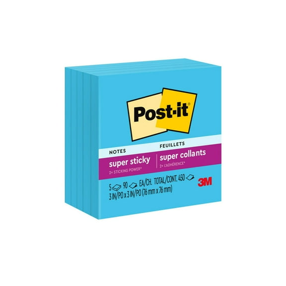 Post-it Super Sticky Notes, Sin.gle Color Packs Collection, 3 in. x 3 in., 90 Sheets, 5 Pads
