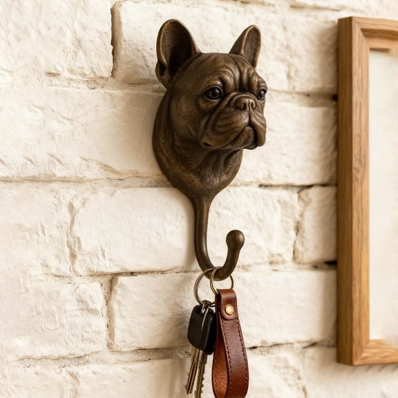 French Bulldog Wall Hook, Decorative Dog Head Coat Hook for Wall, Vintage Weathered Bronze Key Holder, Wall Mounted Leash Hanger for Dog Lovers, Entryway Organization & Decor