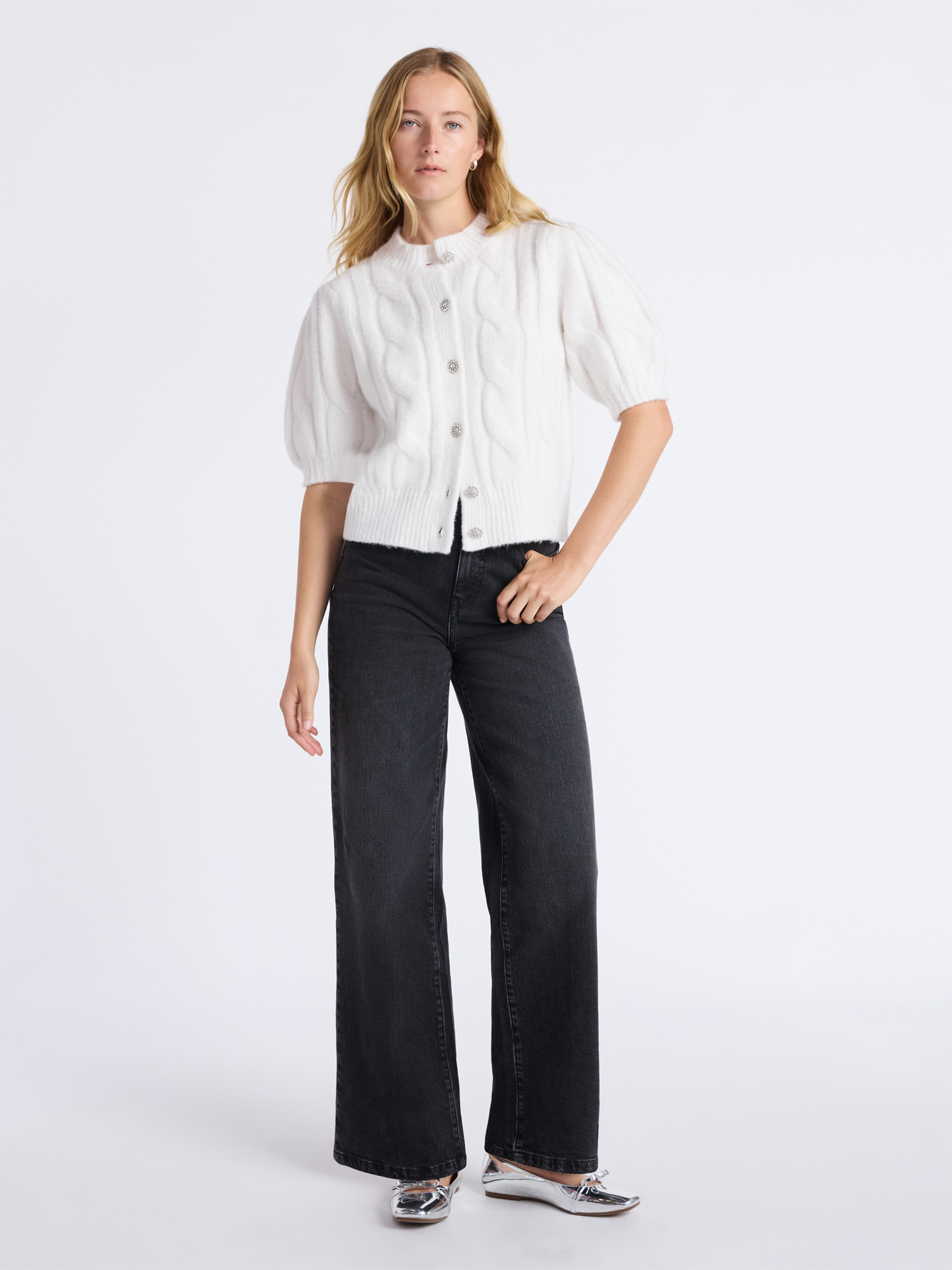 Free Assembly Women's and Women's Plus Cable Cardigan with Short Puff Sleeves, Sizes XS-4X