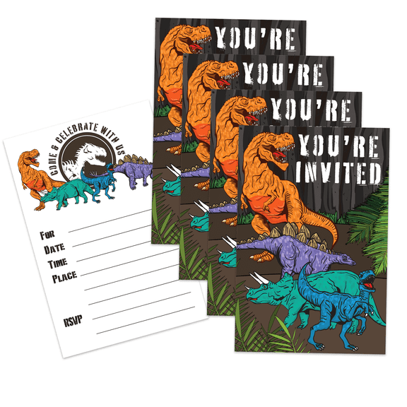 Dinosaur T-Rex Birthday Party Invites For Boys and Girls - 20 Count of 4 x 6 Inch Double Sided Fill-In Invitations With Wet To Seal Envelopes