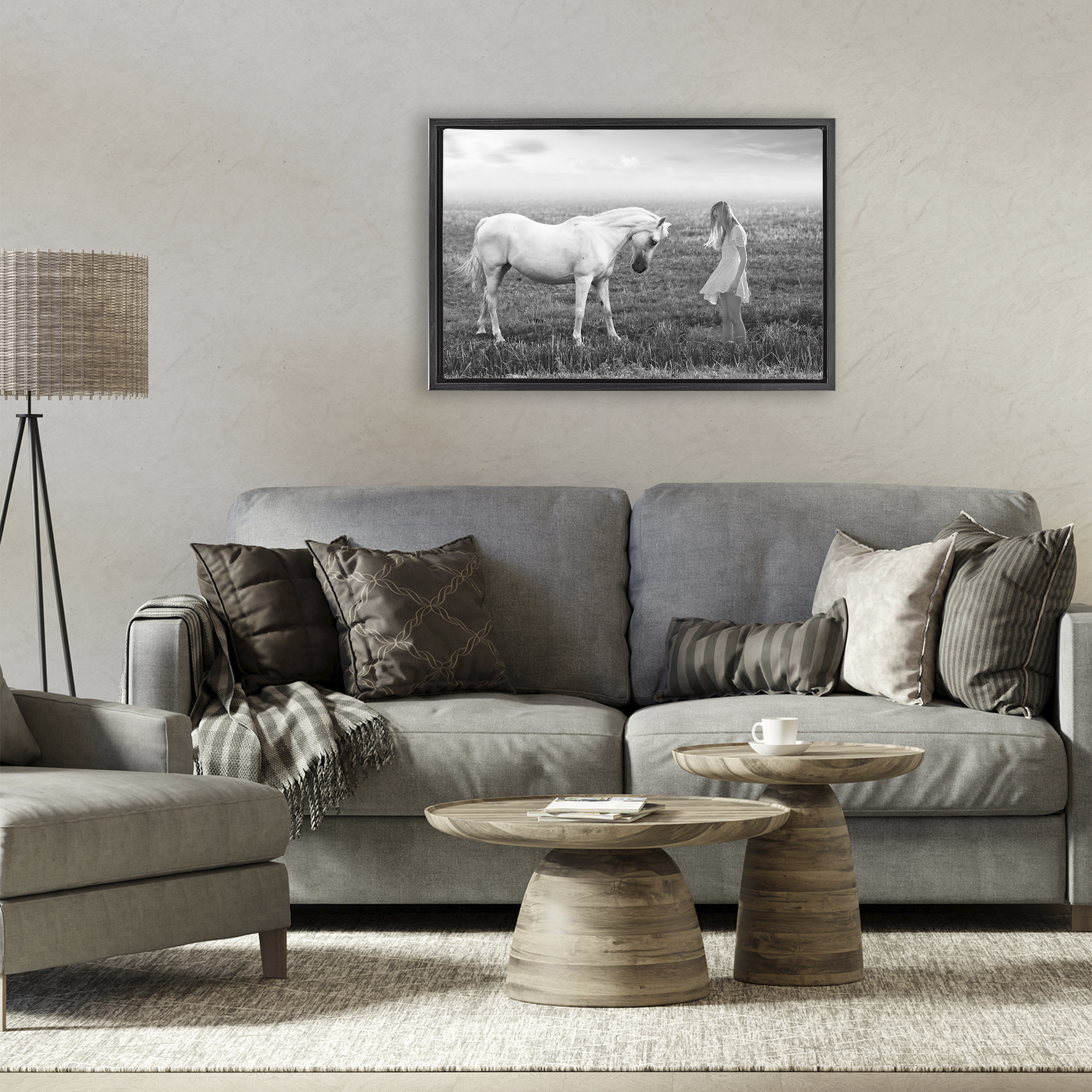 Her White Horse Black Framed Floater Canvas Wall Art, design by Ata Alishahi