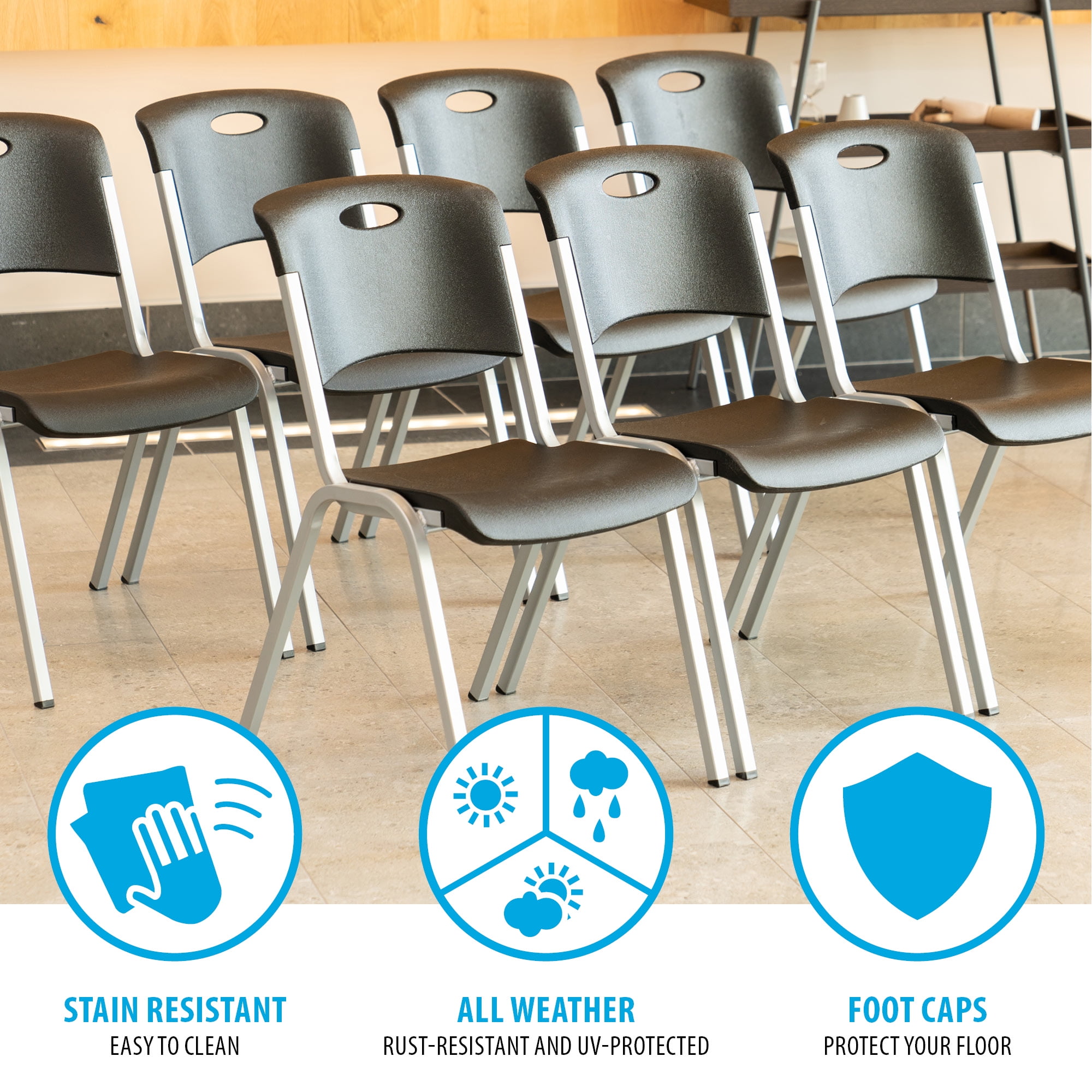Lifetime Stacking Chairs, Indoor/Outdoor Commercial, Black & Silver, Adult Sized, 4 Pack (480310)