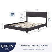 Sifurni Queen Size Platform Bed Fame with Upholstered Adjustable Leather Headboard and Wood Slat Support, Black