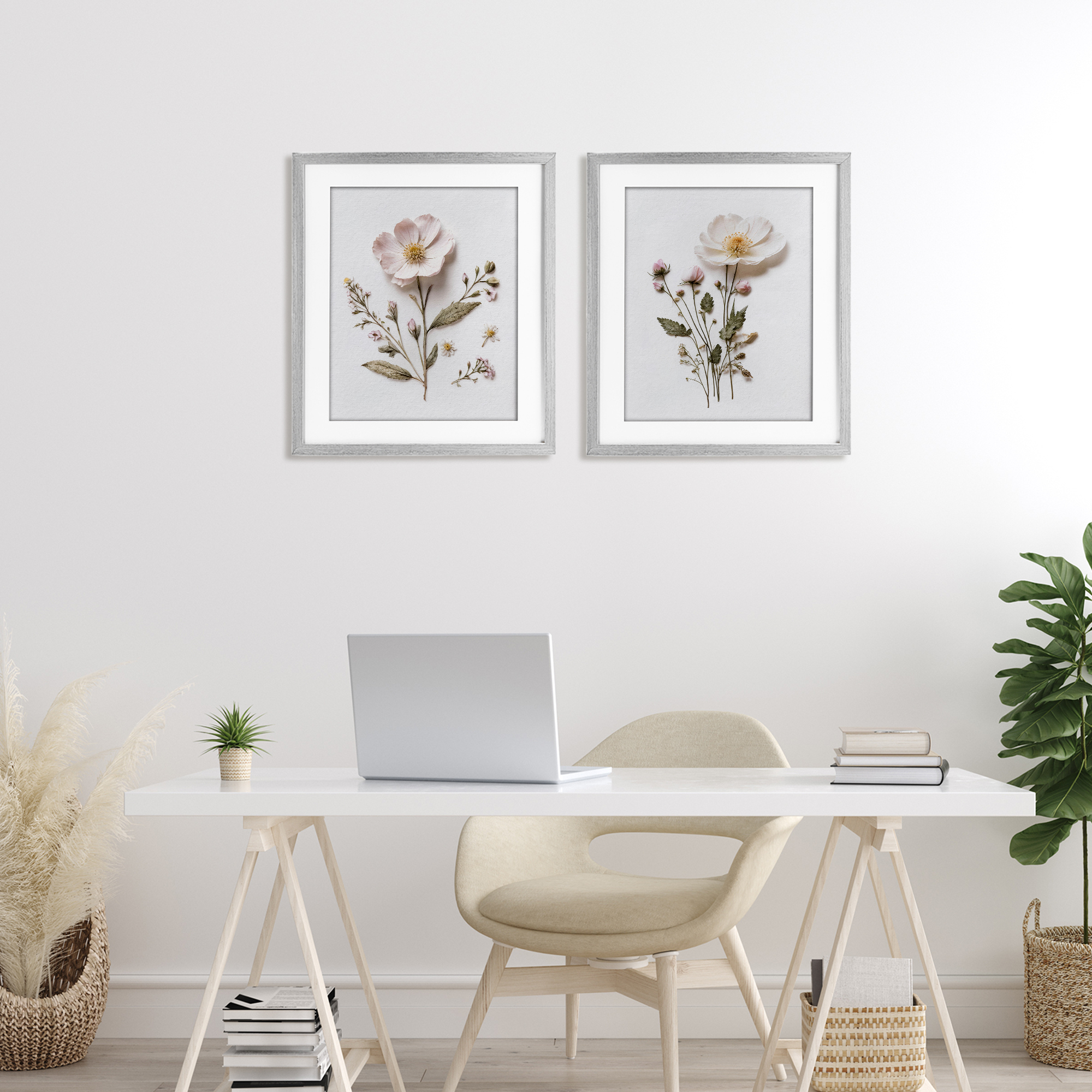 Minimal Pressed Flowers 2 Piece Gray Framed Print Under Glass Set, design by Lettered and Lined