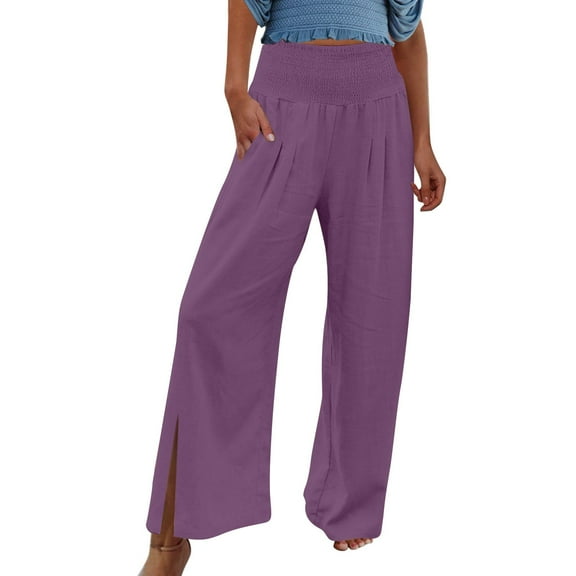 XWSHYW New Pants Women's Casual High Waist Elastic Pants Cotton Linen Wide Leg Pants Solid Color Split Long Pants with Pockets Purple L