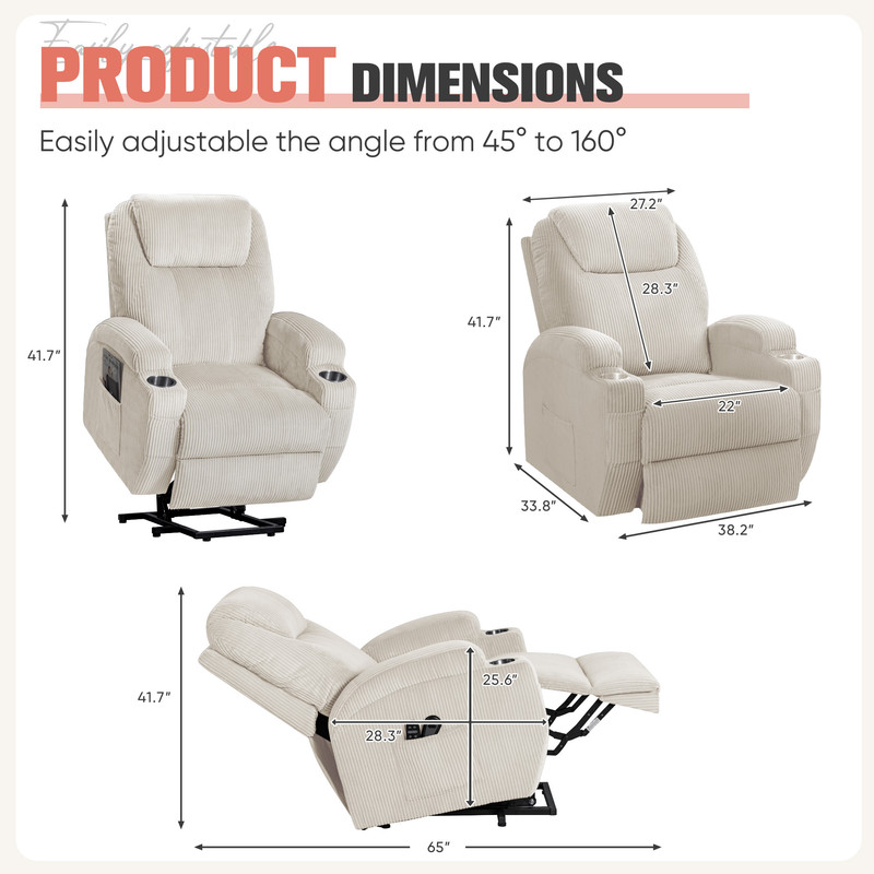 Homall Power Lift Massage Recliner Chair with Eight Vibrating Massages Ergonomic Chair with Side Pocket and Soft Corduroy for Living Room,Beige