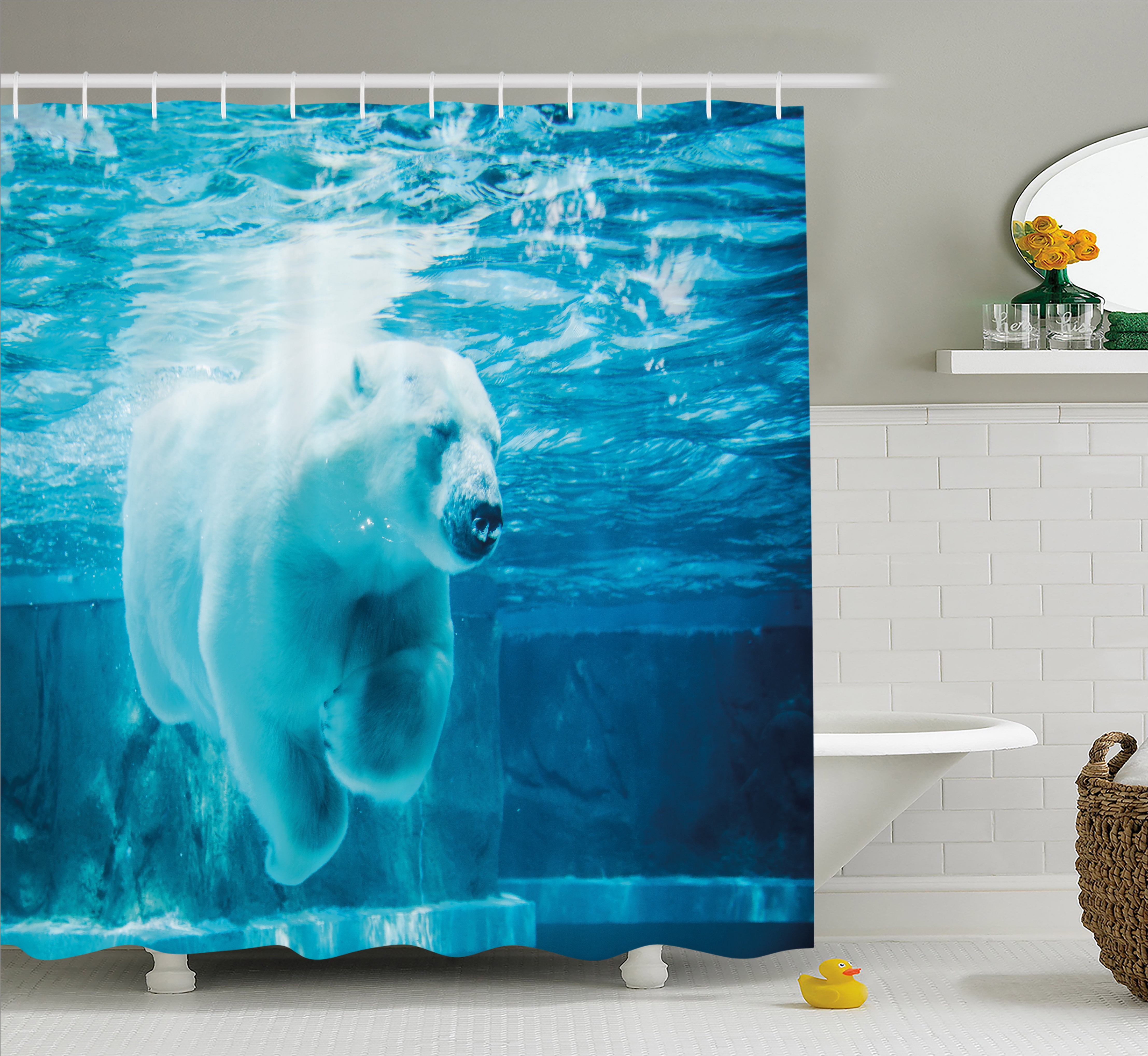 Bear Shower Curtain, Arctic Polar Bear Dipping into Water Swimming