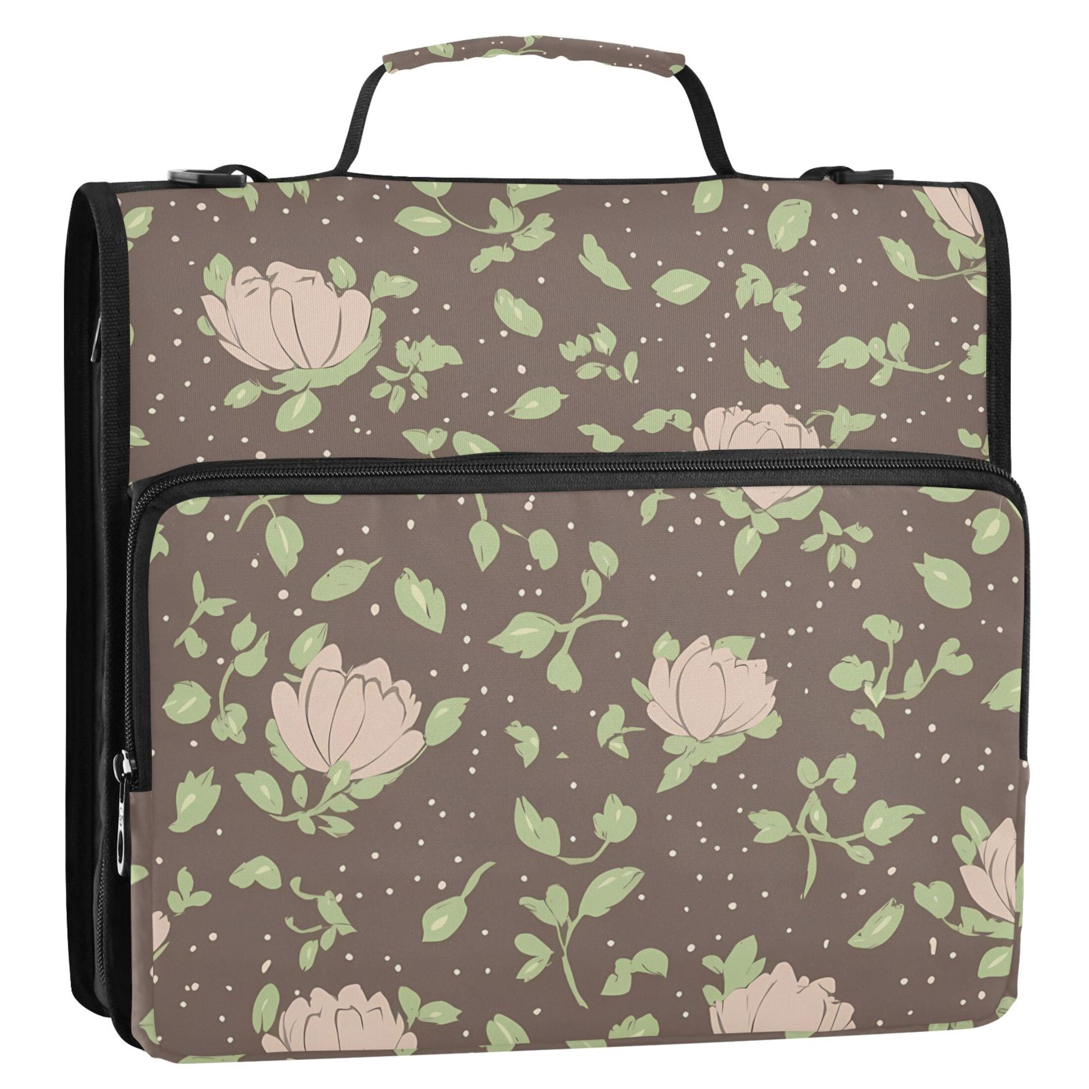 3 Ring Zipper Binder with Shoulder Strap Waterproof Trapper Keeper 2 Inch D-Ring 500 Sheets Capacity Green Leaves Small Roses