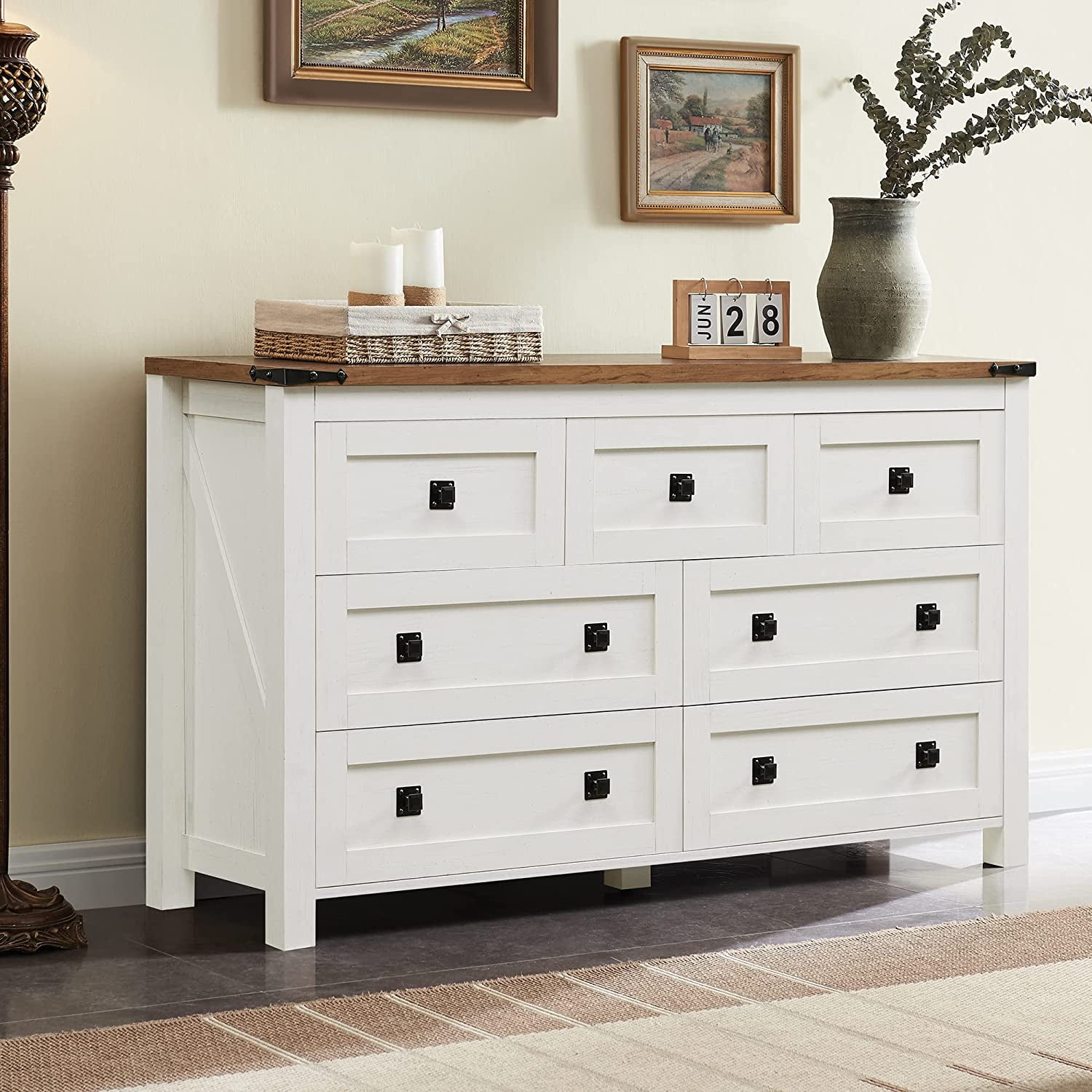 draw drawers バックオープンTシャツ ベージュ OKD Farmhouse Antique White 7 Drawers Dresser Wooden Storage
