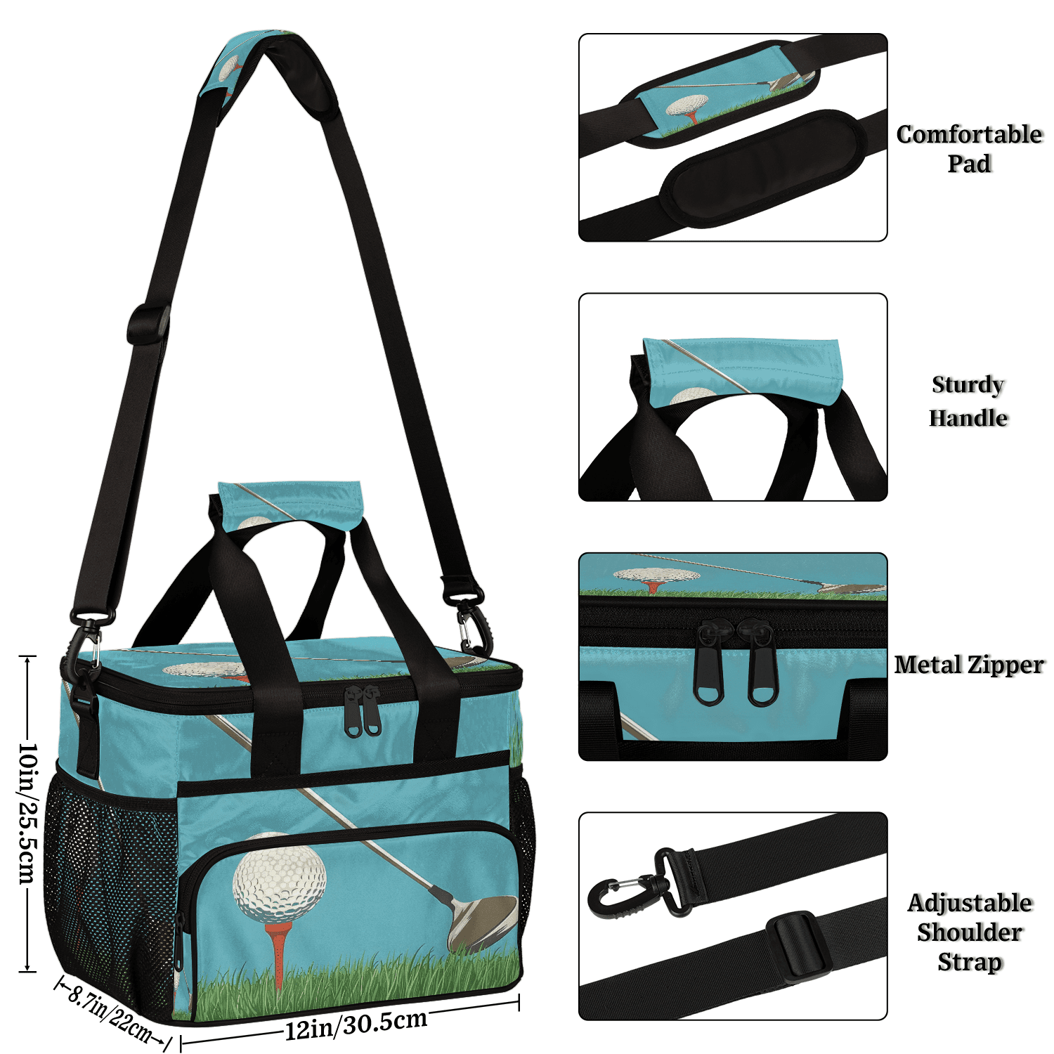 Herdesigns Golf Ball Sport Insulated Large Lunch Bag Lunchbox Reusable Leakproof Cooler Bags with Shoulder Strap for Adult Men Women Work Picnic