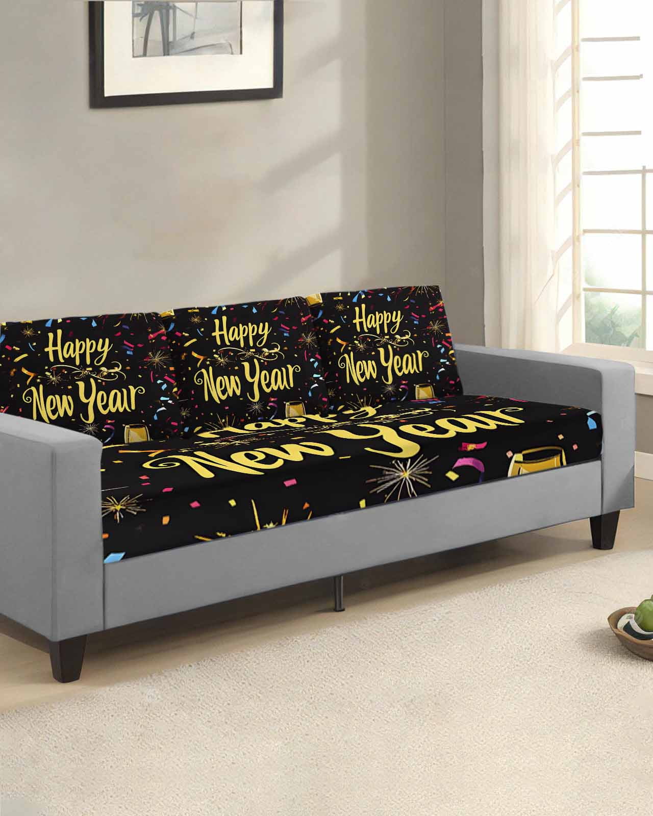 Happy New Year Couch Cushion Covers, Stretch Seat Cushion Covers for Sectional Sofa, Colorful Modern Abstract Art Individual Sofa&nbsp;Slipcovers Furniture Protector with Elastic&Straps Small 1Pcs