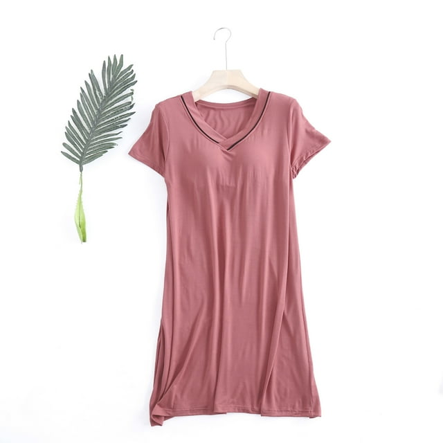 Robe de Pyjama en Modal pour Femmes Manches Courtes Col en V Chemises de Nuit Douces avec Soutien-Gorge M-TTG