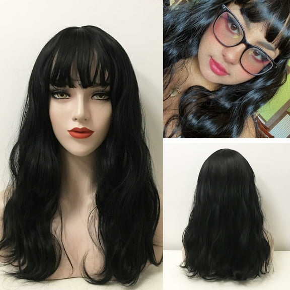 SUCS Long Black Wavy Wig for Women, Natural Wavy Wigs with Wispy Fringe Bangs For Daily Party Use, 20 Inches