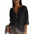 thumbnail image 2 of Camisa de para Mujer, Cuello en V, Botones, Blusa , Mangas 3/4, Informal, Holgada, Estilo Túnica, Camisetas de Verano. Negro M, 2 of 8