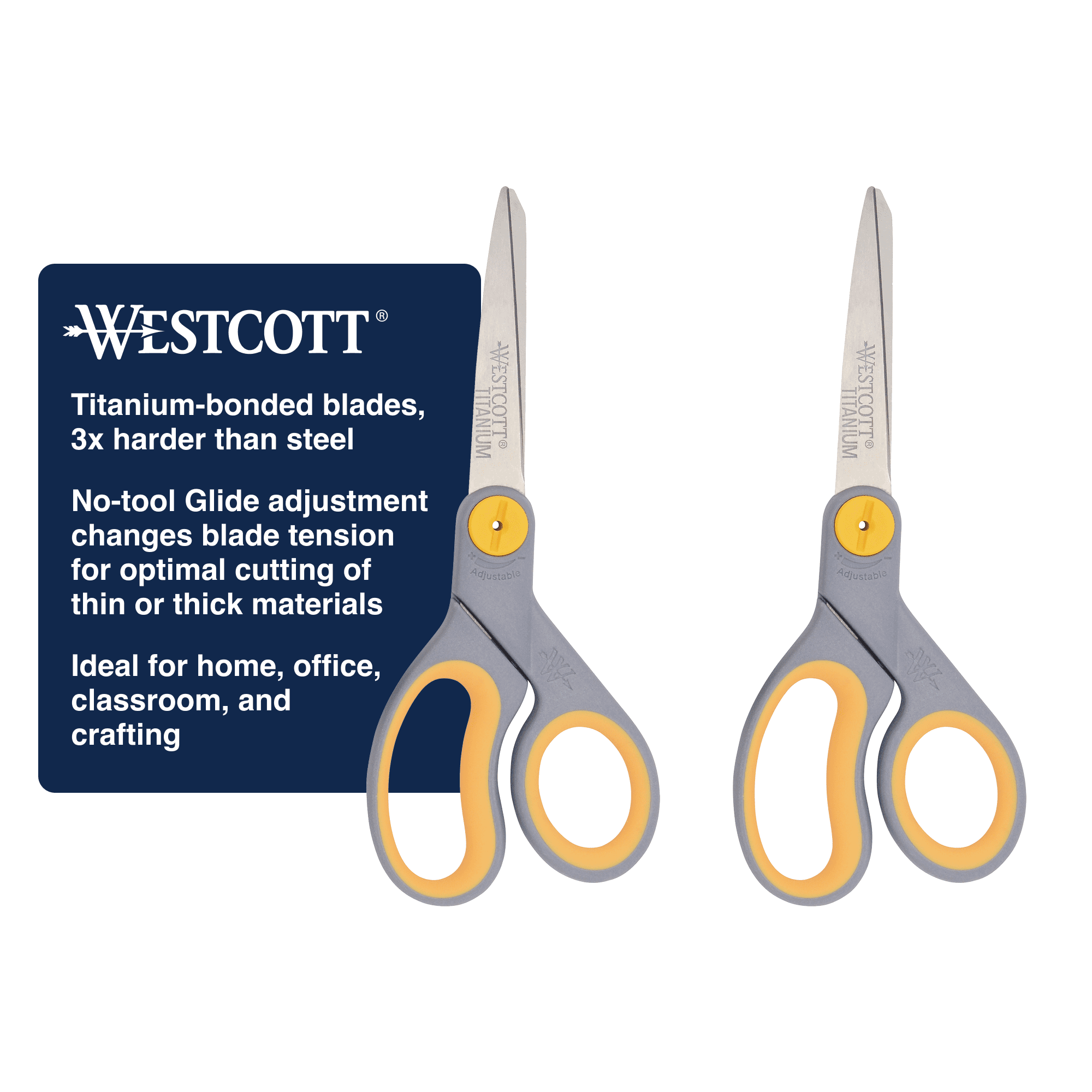 (3 pack) Westcott 8 Inch Titanium Bonded Adjustable Glide Office Scissors, Grey & Yellow, 2-Pack
