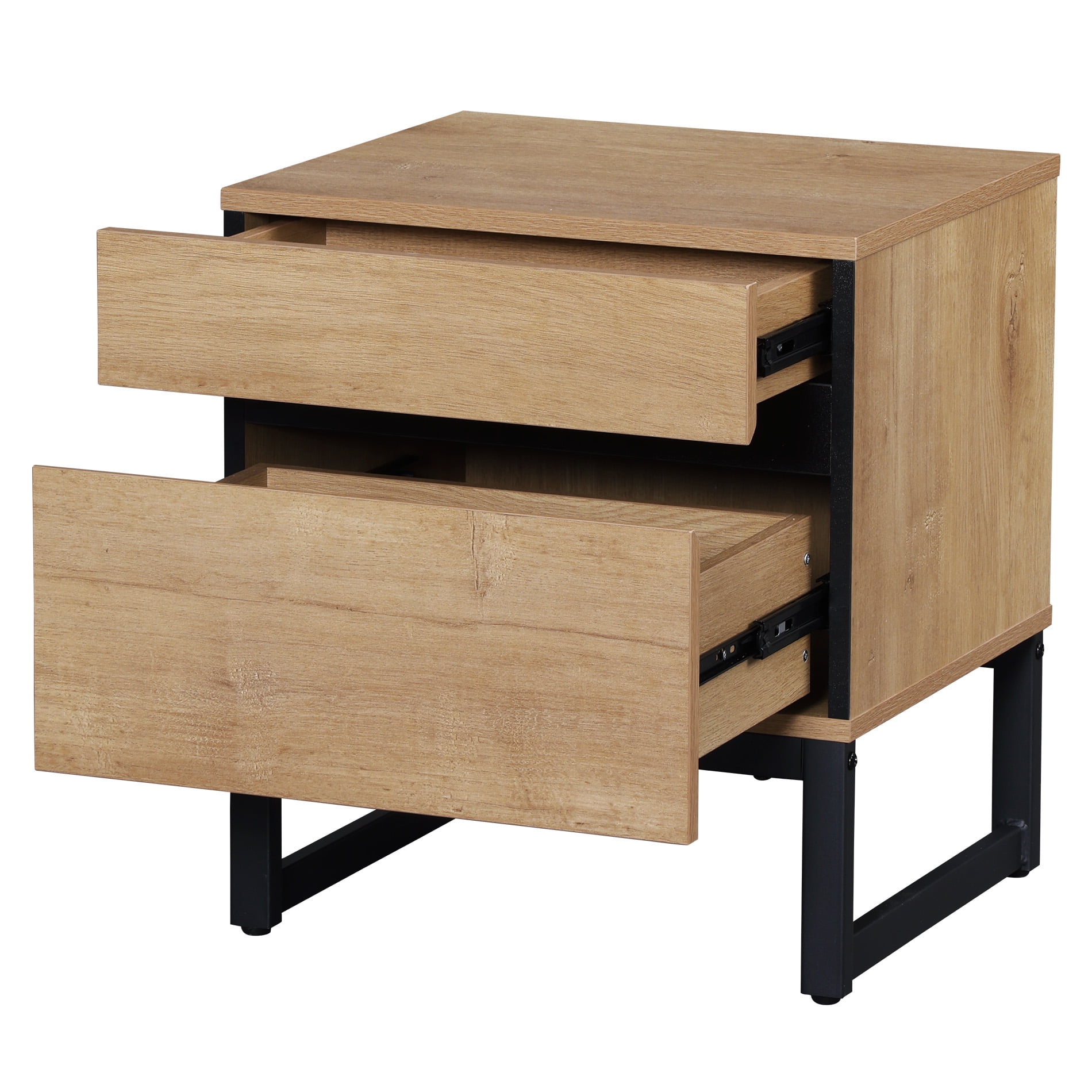 WAMPAT Modern Bedside Table for bedroom, Nightstand with 2 Drawers and Black Square Iron Leg, Wood Rustic Side End Table for living Room