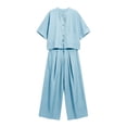 thumbnail image 6 of Vhkiploz 2Pcs Plus Size Summer Suit Sets for Women's Crew Neck 3/4 Sleeve Button Down Top with Wide Leg Pleated Pants Solid Daily Outdoor Outfit Sets, 6 of 6