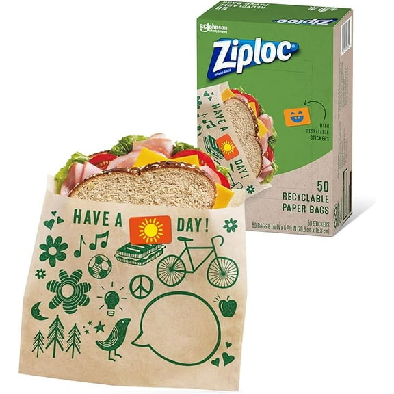 Ziploc Paper Sandwich and Snack Bags, Recyclable & Sealable with Fun Designs, 50 Bags Total( Pack of 2 )