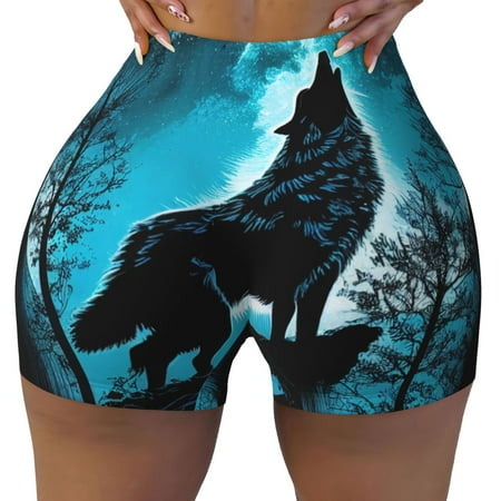 Workout Shorts Women  Blue Full Moon Wolf Biker Shorts for Women Running Gym Spandex Shorts Tummy Control