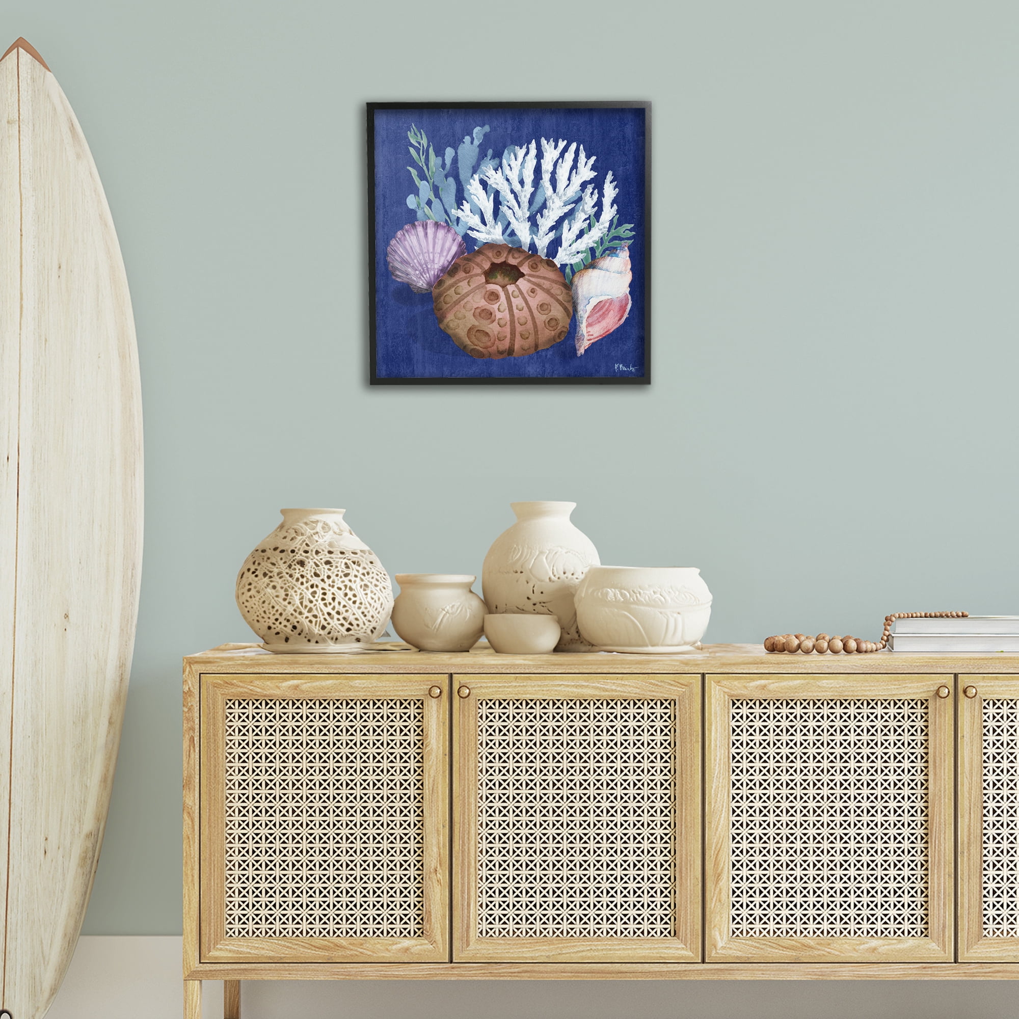 Stupell Industries Urchin & Coral Still Life Coastal Painting Black Framed Art Print Wall Art, 24 x 24
