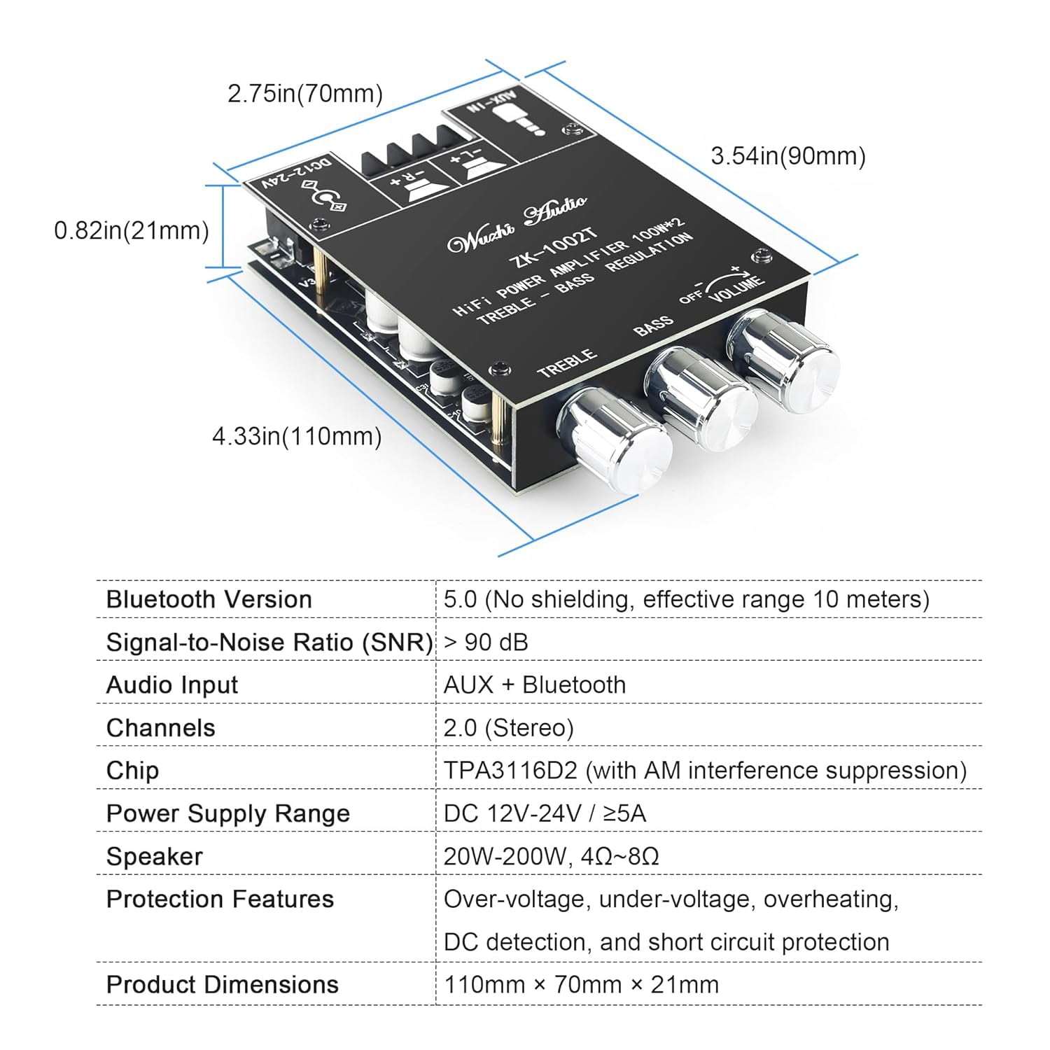 ZK-1002T Bluetooth Amplifier Board 100W+100W Audio Amplifier Supports AUX/Bluetooth,Wide Voltage Input 12-24V