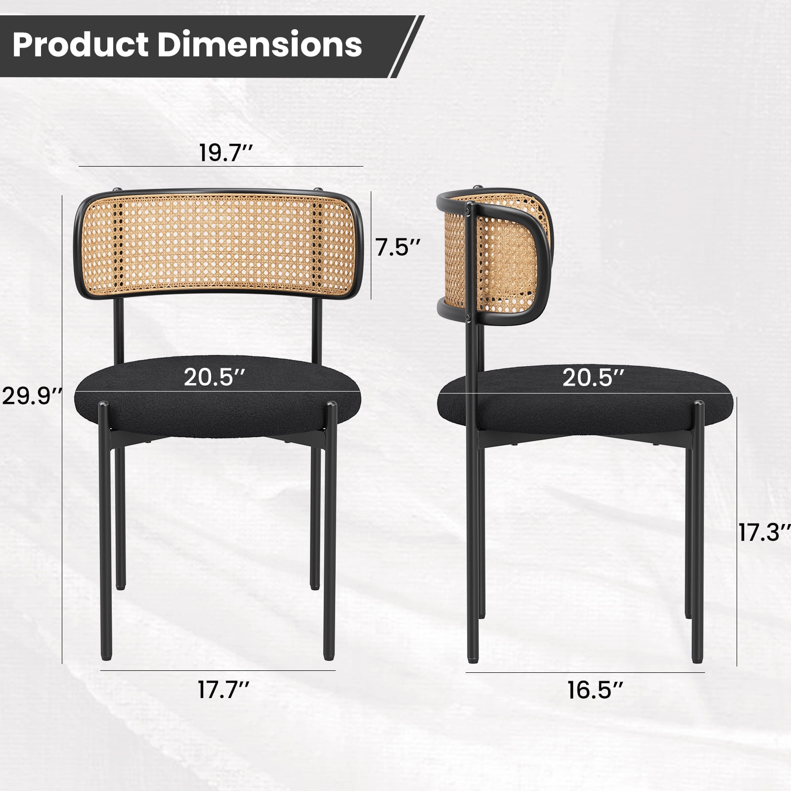 Farini Upholstered Dining Chair Set of 2, Rattan Backrest Kitchen Chair, Black