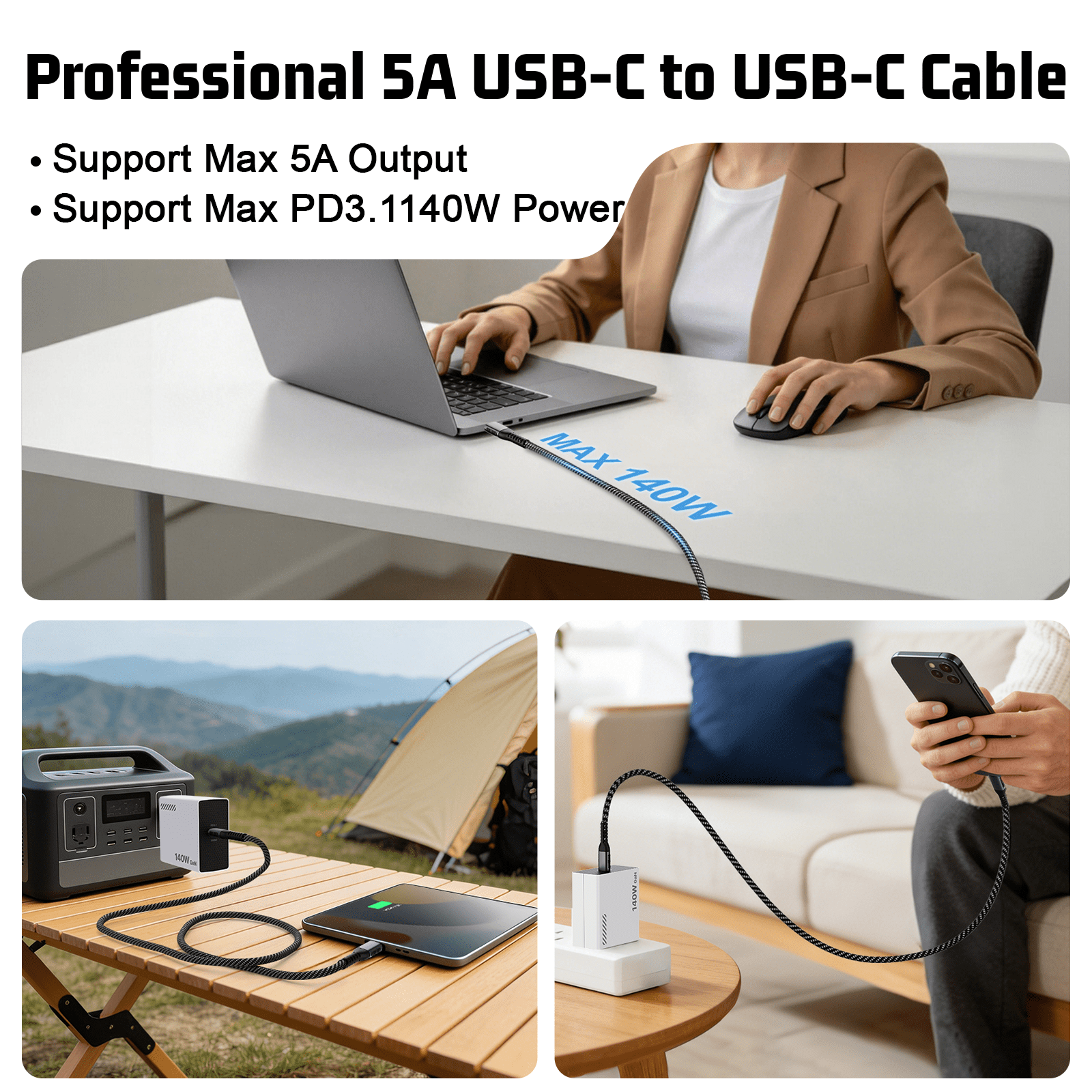 Kzreect 140W GaN PD3.1 Type-C Super Fast Charger, 3.28FT Cable Included, Wall Charger for Android, iPad, Samsung, Android, DJI Drones & More