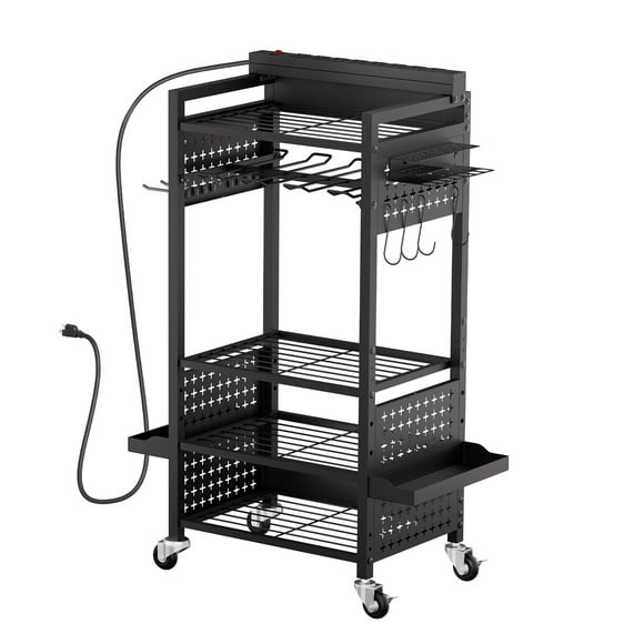 KFFKFF 5-tier Tool Organizer Cart with Charging Station, 8 AC Outlet, Floor Stand Rolling Drill Holder and Tool Battery Storage Rack
