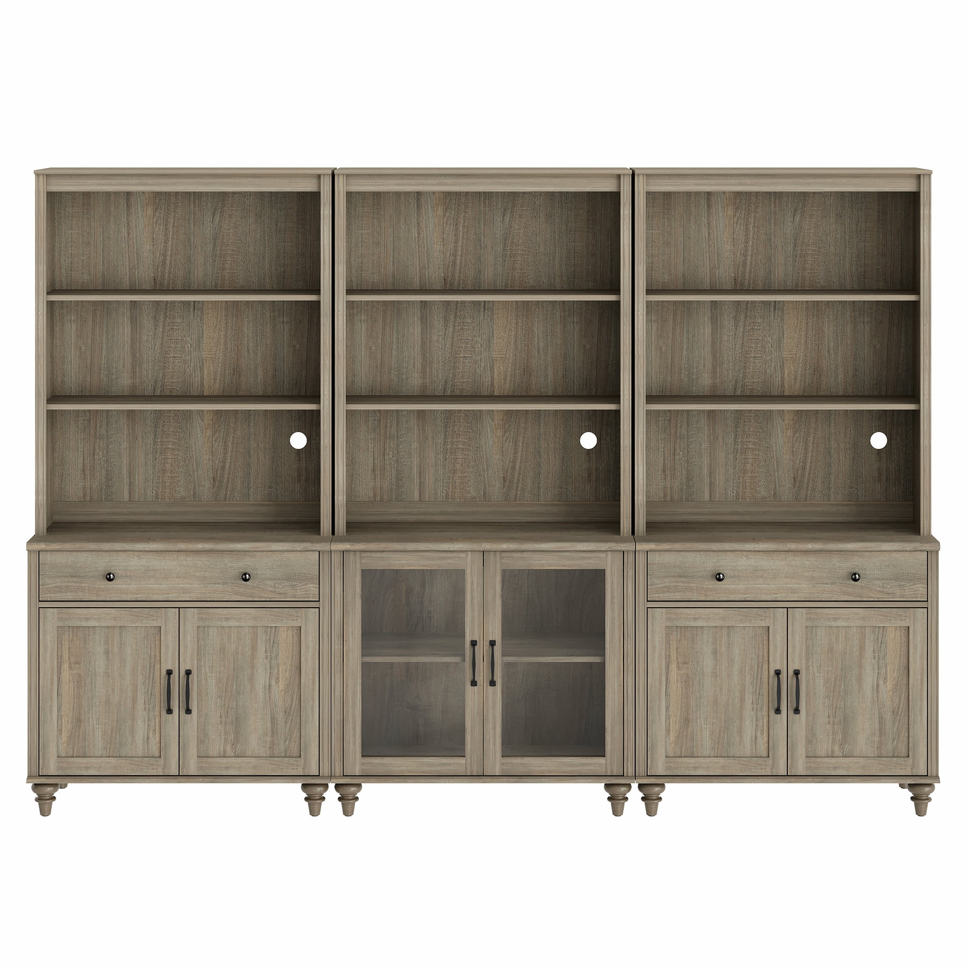 Farmhouse 5 Tier Bookcase With Doors & Drawers, Wash Gray, 101.6" W