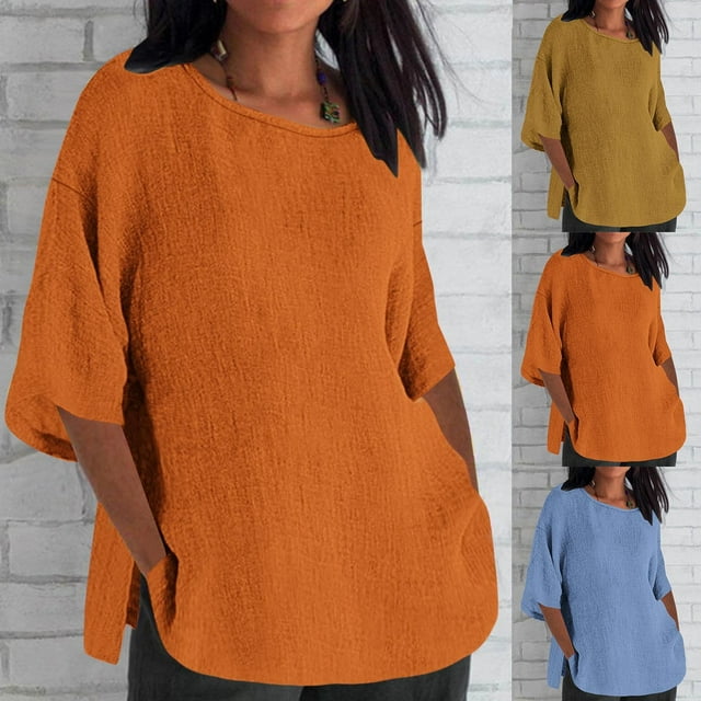 QIPOPIQ Tuniques Décontractées pour Femmes à Manches 3/4, Coupe Ample, Col Rond, T-Shirt, Liquidation