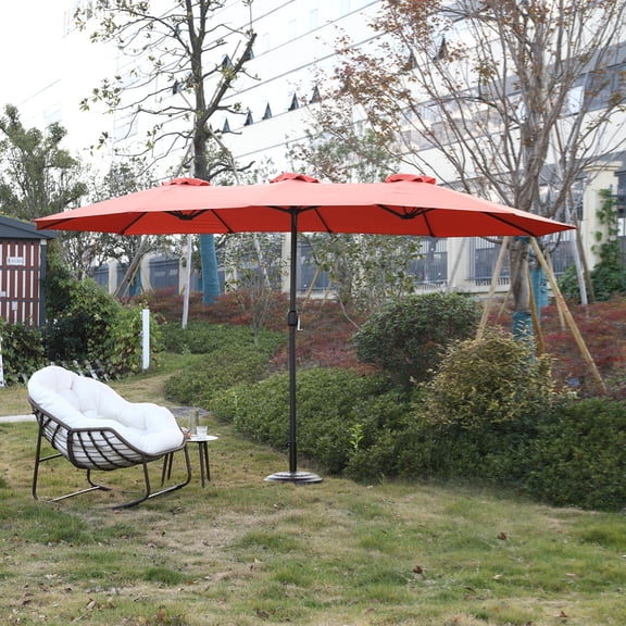 14.8ft Large Patio Umbrellas with Base Included, Outdoor Double-Sided Rectangle Market Umbrella with Crank, UV Protection for Pool Lawn Garden, Orange