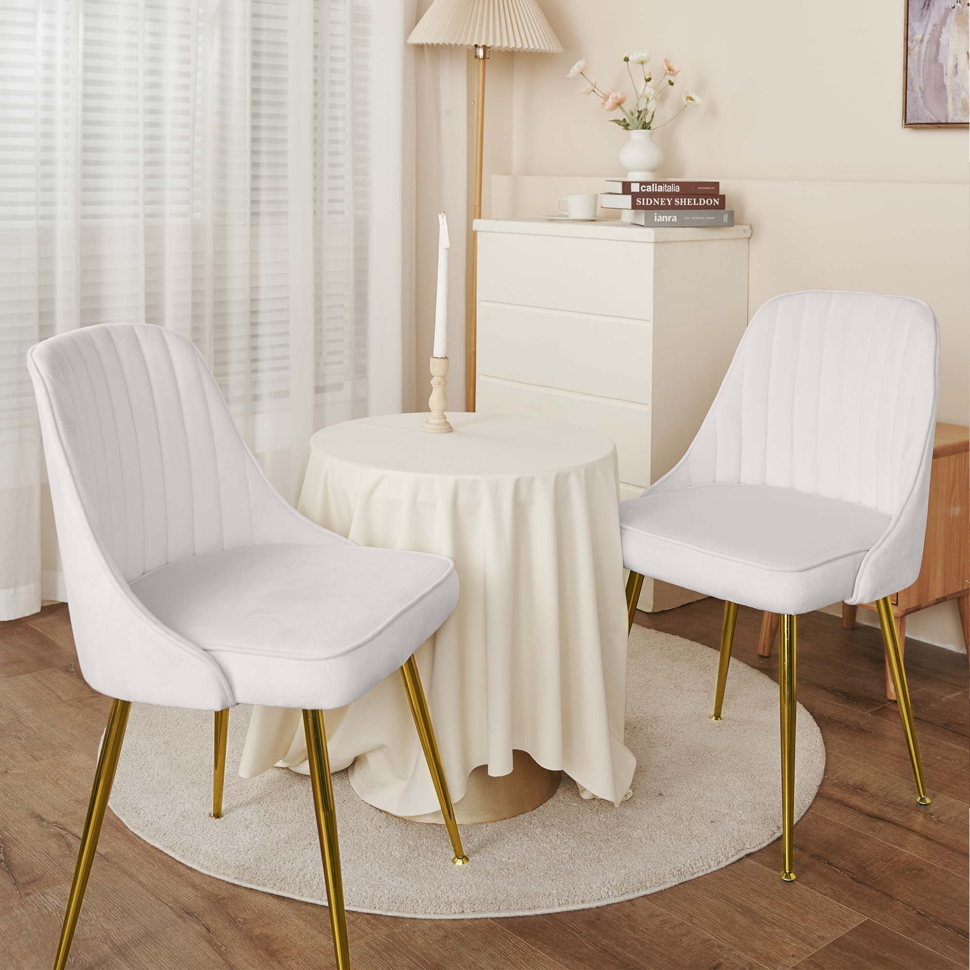 MOJAY Velvet Dining Chairs with Golden Legs, Set of 2, White