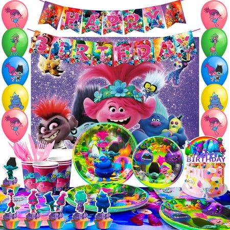Trolls Birthday Party Decorations Supplies, 112 Pcs Trolls Band Together Party Supplies Include Trolls Cake Topper Balloons Banner Plates Napkins Cups etc Trolls Party Decorations, for Girls & Boys
