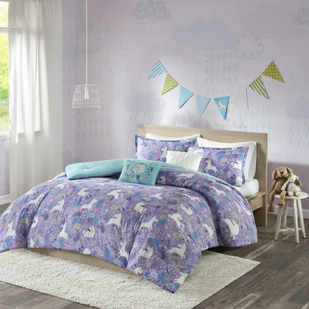 Full/Queen Laila Cotton Reversible Unicorn Print Kids' Comforter Set Purple - Urban Habitat