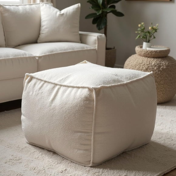 Teddy Ottoman, Bouclé-Inspired Fabric, Modern Cube Design, Ottoman Foot Rest Stool, Fluffy Floor Pouf for Living Room, Bedroom