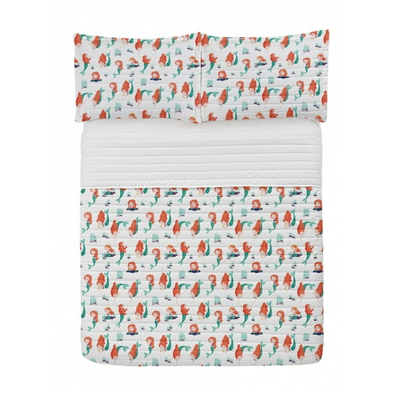 Mermaid Microfiber Bedspread Set, Continuous Drawing of Ocean Creature Girls Cartoon, Soft Bedding Set with Pillow Shams & Comforter, 3 Sizes, Burnt Sienna Seafoam, by Ambesonne